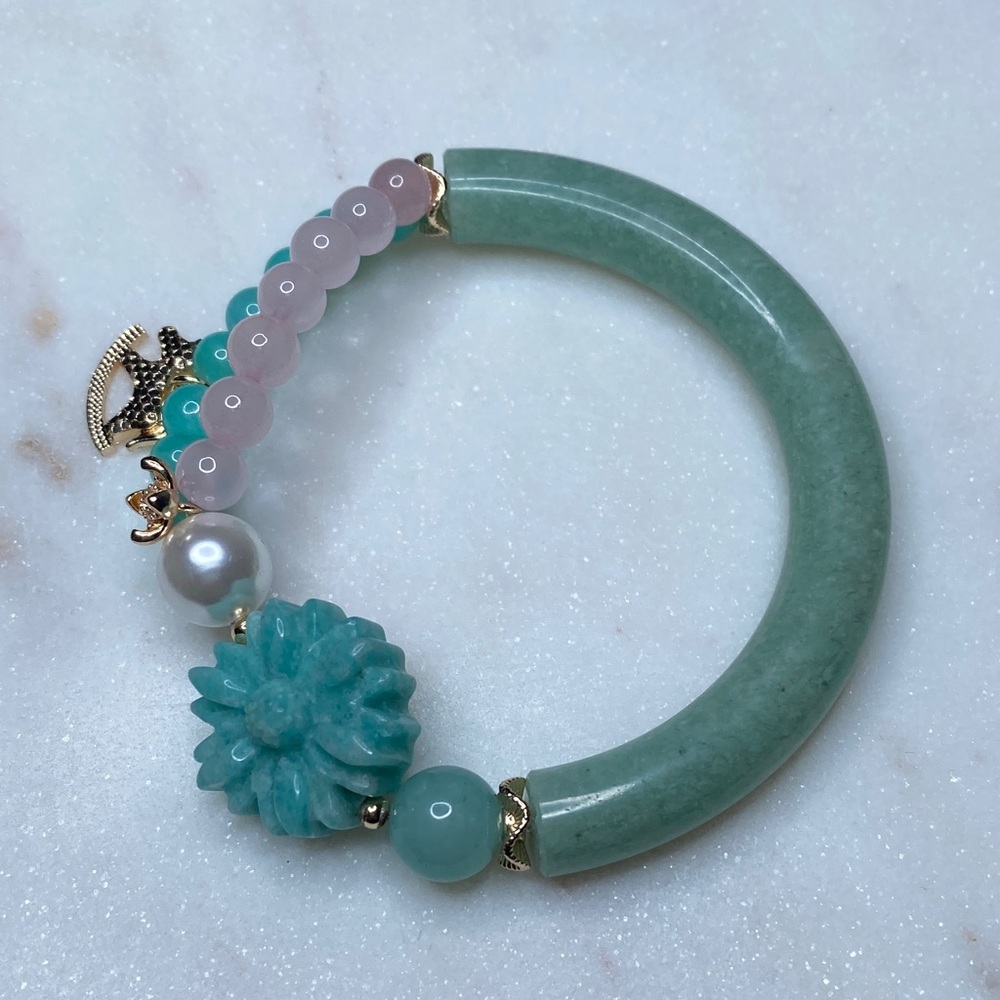 Amazonite Half Bangle Bracelet • Hand-Carved Amazonite Flower & Rose Quartz Duo - Picture 6 of 8